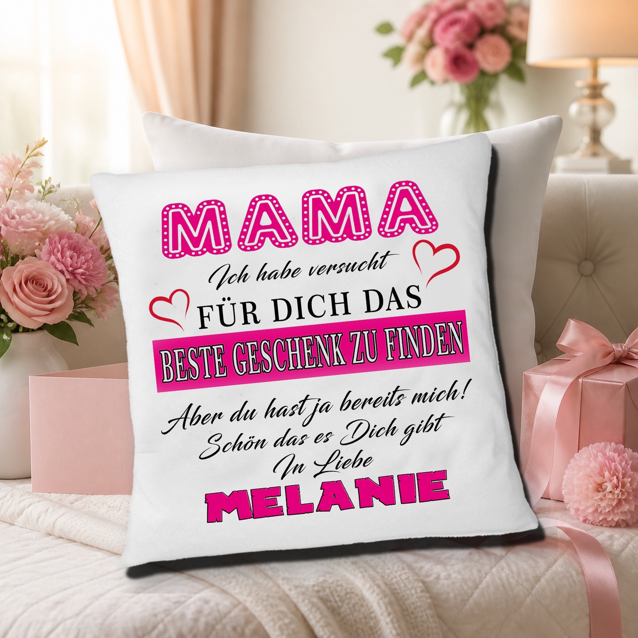Mama-Kissen als persönliches Geschenk Mama-Kissen mit exaktem Motiv in einer hochwertigen Geschenkszene
