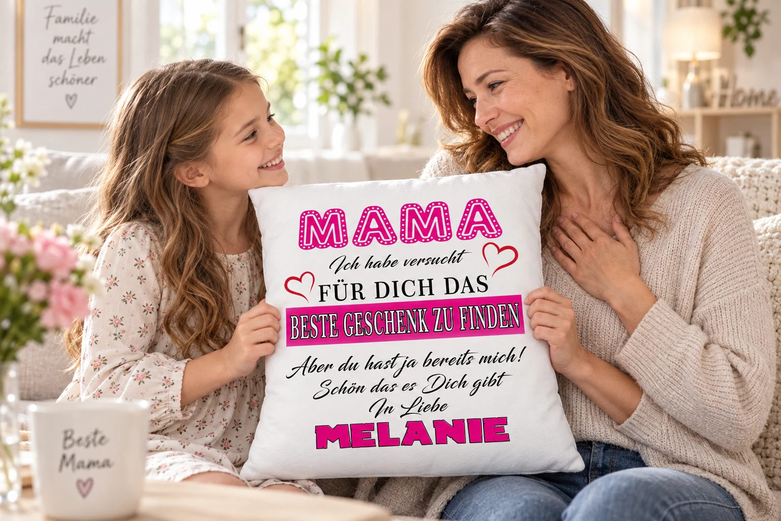 Tochter überreicht ihrer Mama das personalisierte Mama-Kissen mit Namen