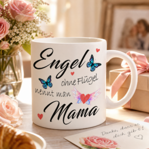 Mama-Tasse Engel ohne Flügel in einer warmen Frühstücksszene mit Blumen und Geschenk