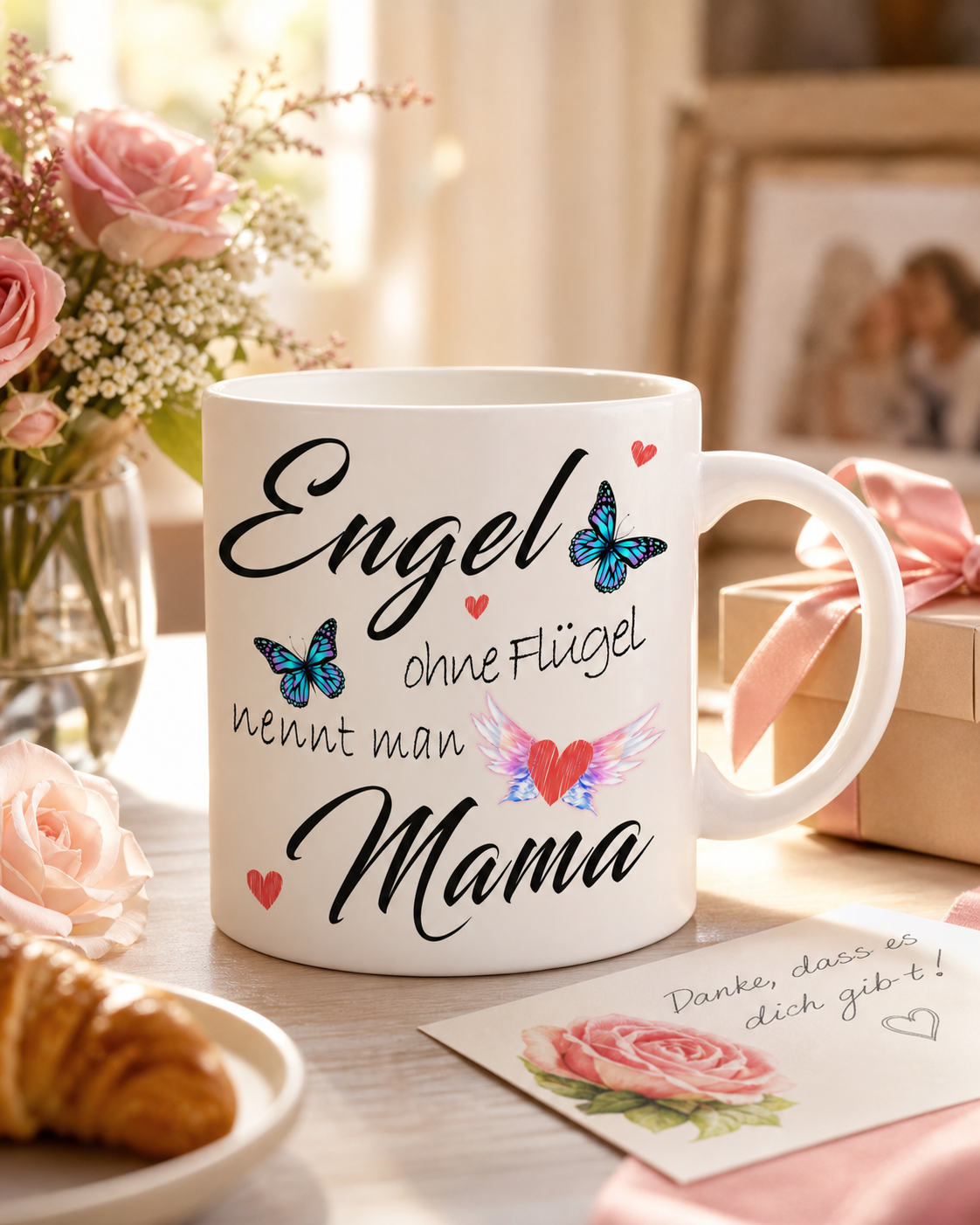 Mama-Tasse Engel ohne Flügel in einer warmen Frühstücksszene mit Blumen und Geschenk