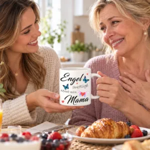 Tochter überreicht ihrer Mama die Tasse Engel ohne Flügel nennt man Mama