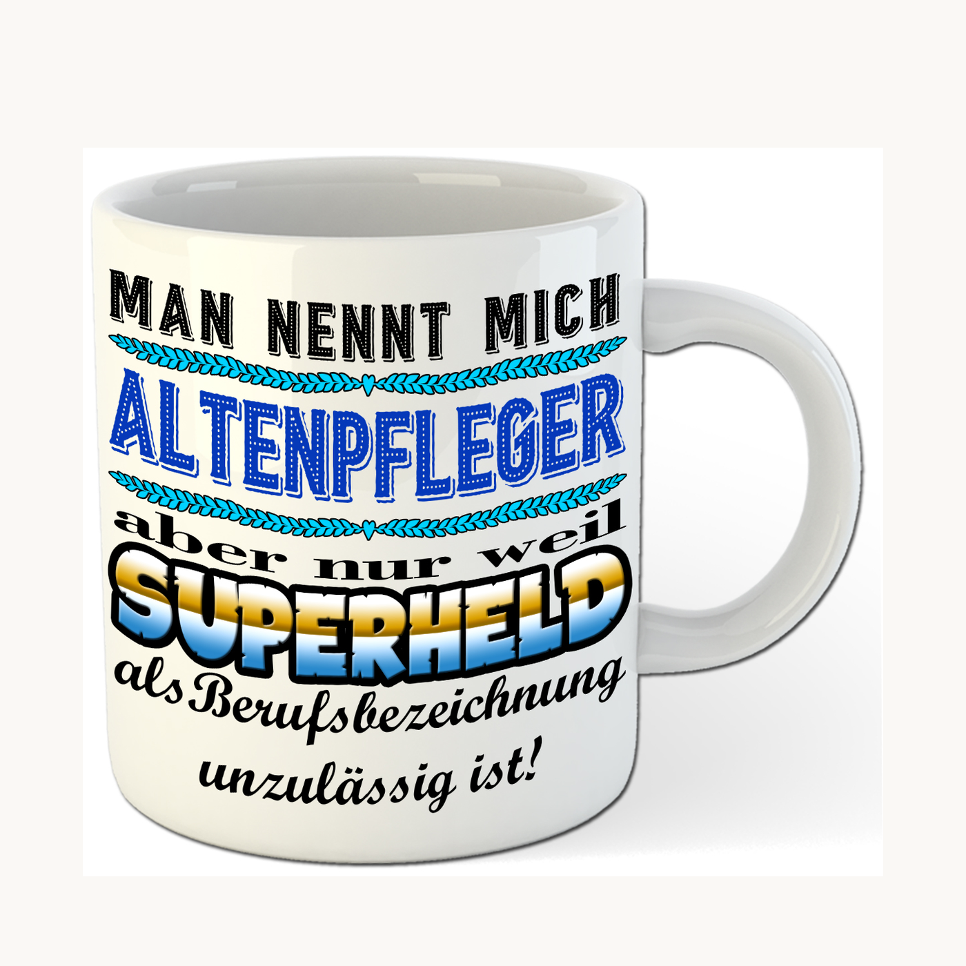 Altenpfleger-Tasse – Superheld im Berufsalltag – einheitliches Produktfoto Altenpfleger-Tasse – Superheld im Berufsalltag – einheitliches Produktfoto