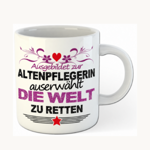 Altenpflegerin-Tasse – Ausgebildet, um die Welt zu retten – einheitliches Produktfoto