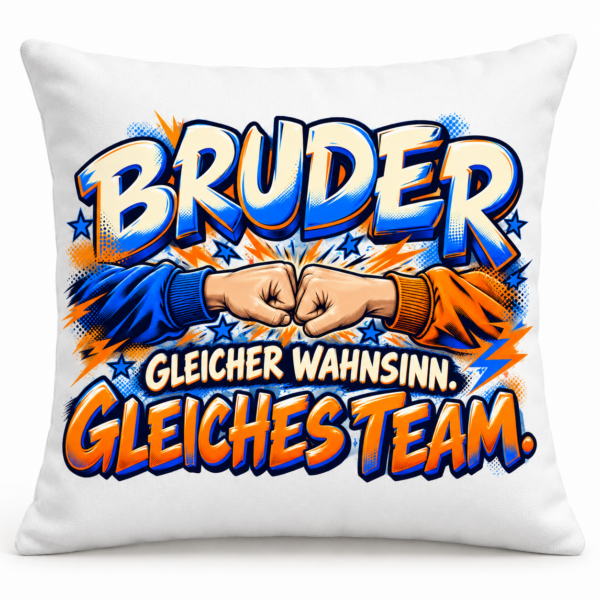 Bruder-Kissen 40 × 40 cm mit Comic-Motiv: Gleicher Wahnsinn. Gleiches Team.
