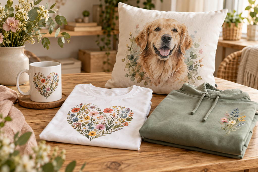 Individuell bedruckte Tassen, Textilien und Kissen