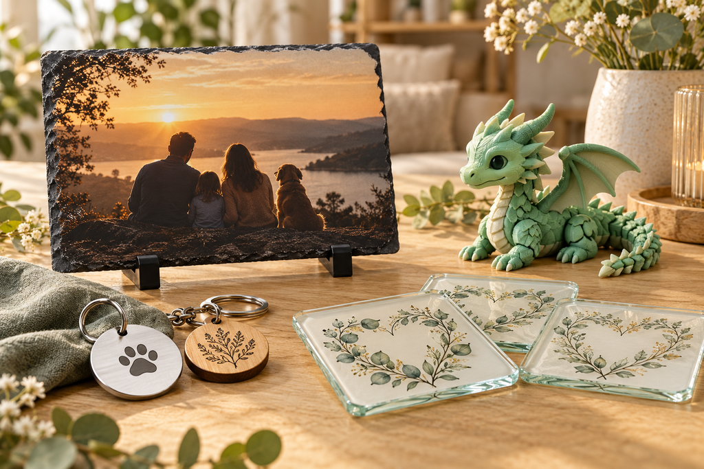 Schiefertafel mit Fotodruck, gravierte Anhänger, Hundemarke, Glasuntersetzer und dekorativer 3D-Druck