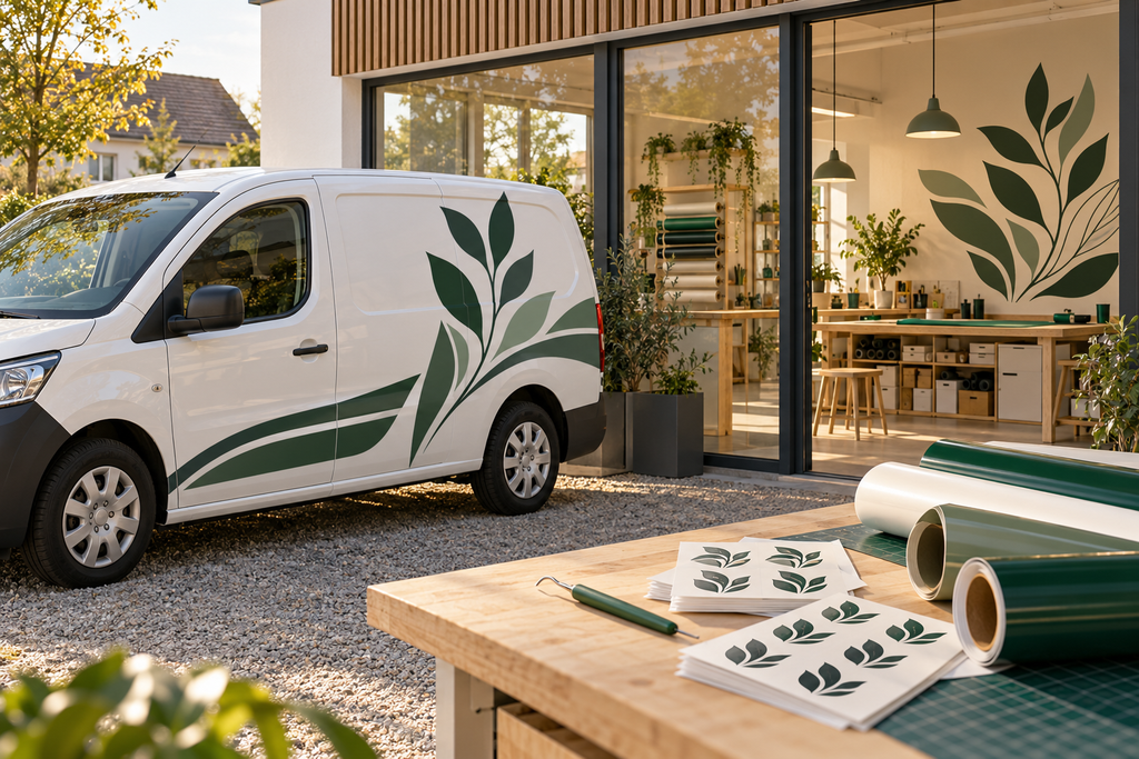 Fahrzeug mit Firmenbeklebung, dekoratives Wandtattoo und individuell gestaltete Logo-Aufkleber