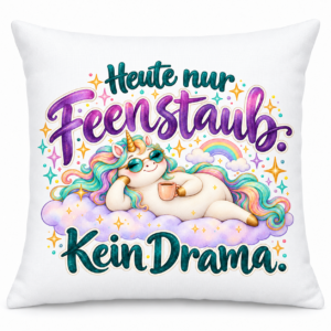 Weißes Einhorn-Kissen Heute nur Feenstaub. Kein Drama. in Mint und Flieder, 40 mal 40 cm