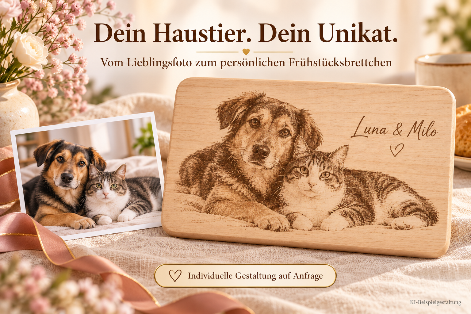 KI-Beispielgestaltung: Haustierfoto von Hund und Katze und daraus gestaltetes persönliches Frühstücksbrettchen – individueller Entwurf auf Anfrage