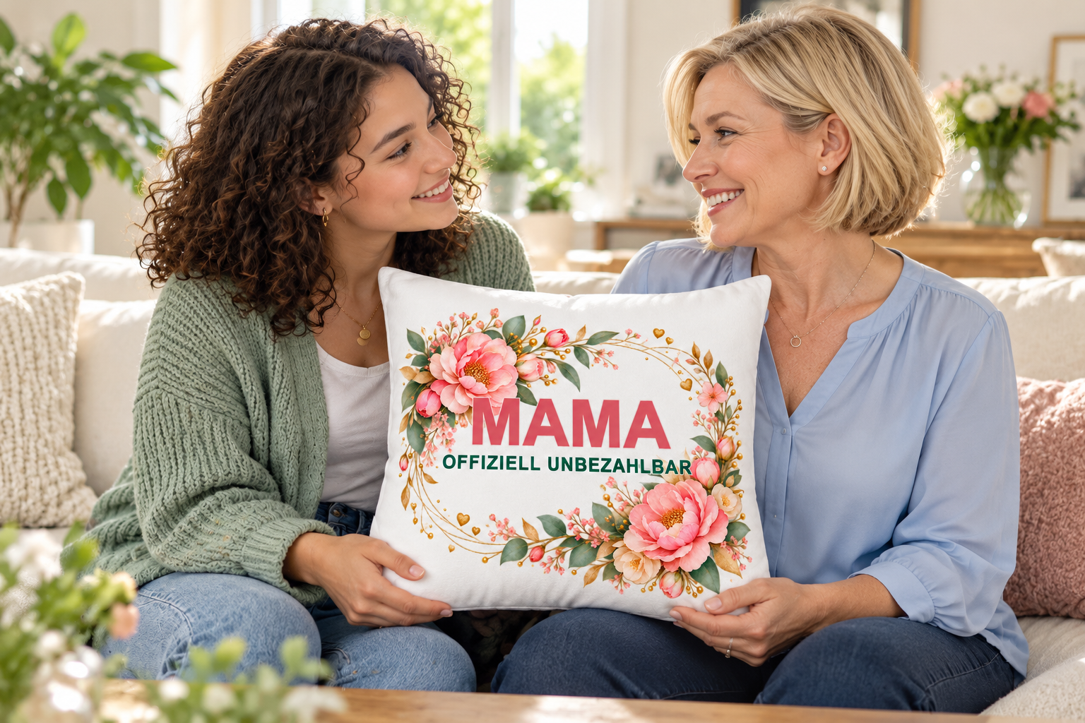 Tochter schenkt ihrer Mutter das florale Mama-Kissen Offiziell unbezahlbar