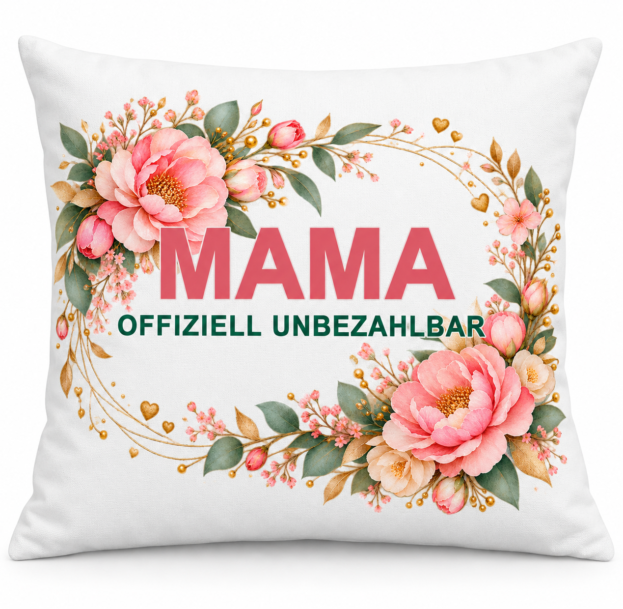 mama-offiziell-unbezahlbar-ansicht-produkt-freigegeben Weißes Mama-Kissen „Offiziell unbezahlbar“ mit rosa Blüten, 40 × 40 cm
