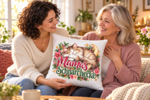 Tochter schenkt ihrer Mutter das Mamas Schnarchecke Katzenkissen