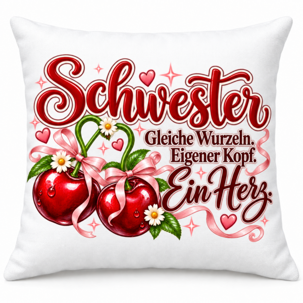 Schwester-Kissen mit roten Kirschen und Spruch Gleiche Wurzeln Eigener Kopf Ein Herz