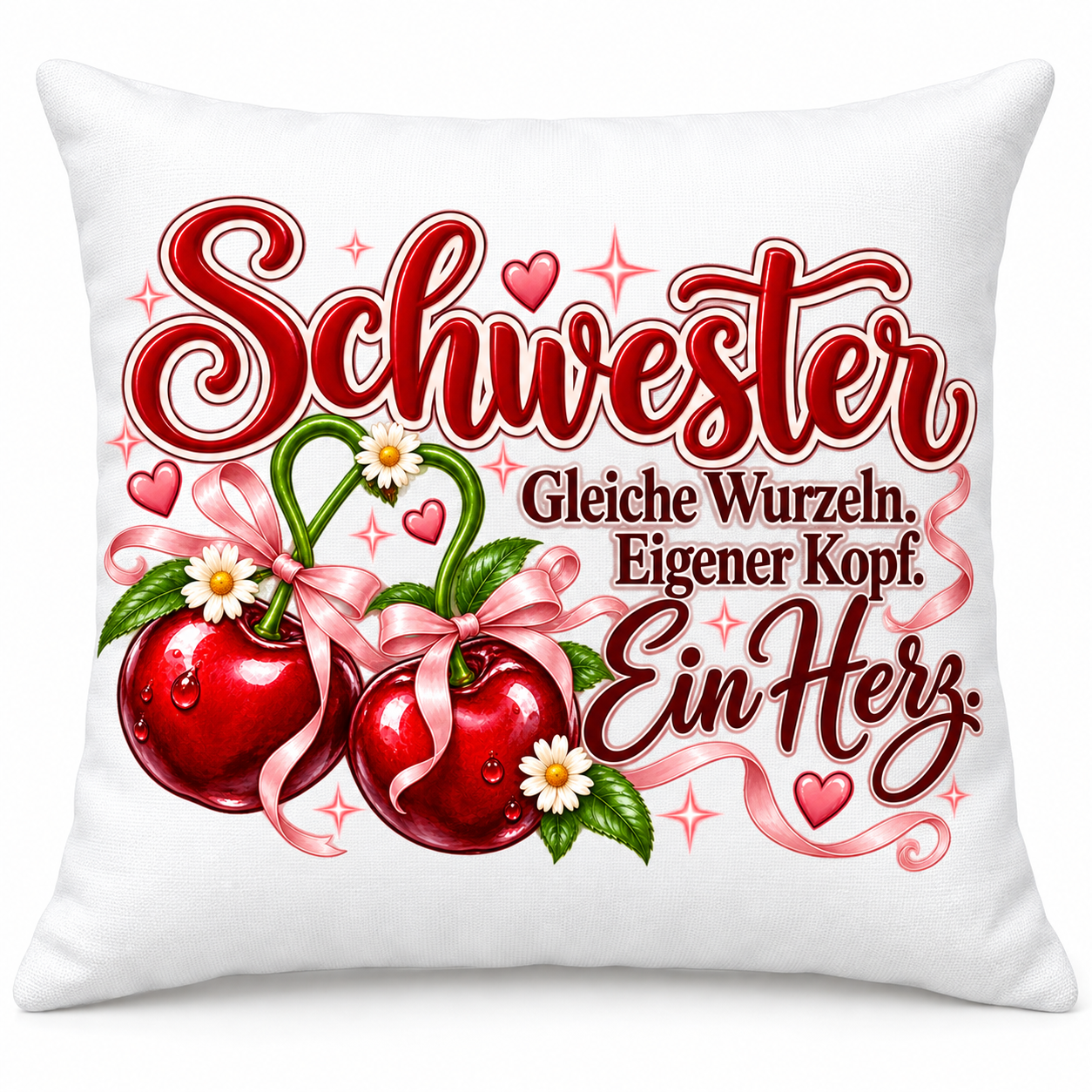 schwester-ein-herz-ansicht-produkt-01 Schwester-Kissen mit roten Kirschen und Spruch Gleiche Wurzeln Eigener Kopf Ein Herz