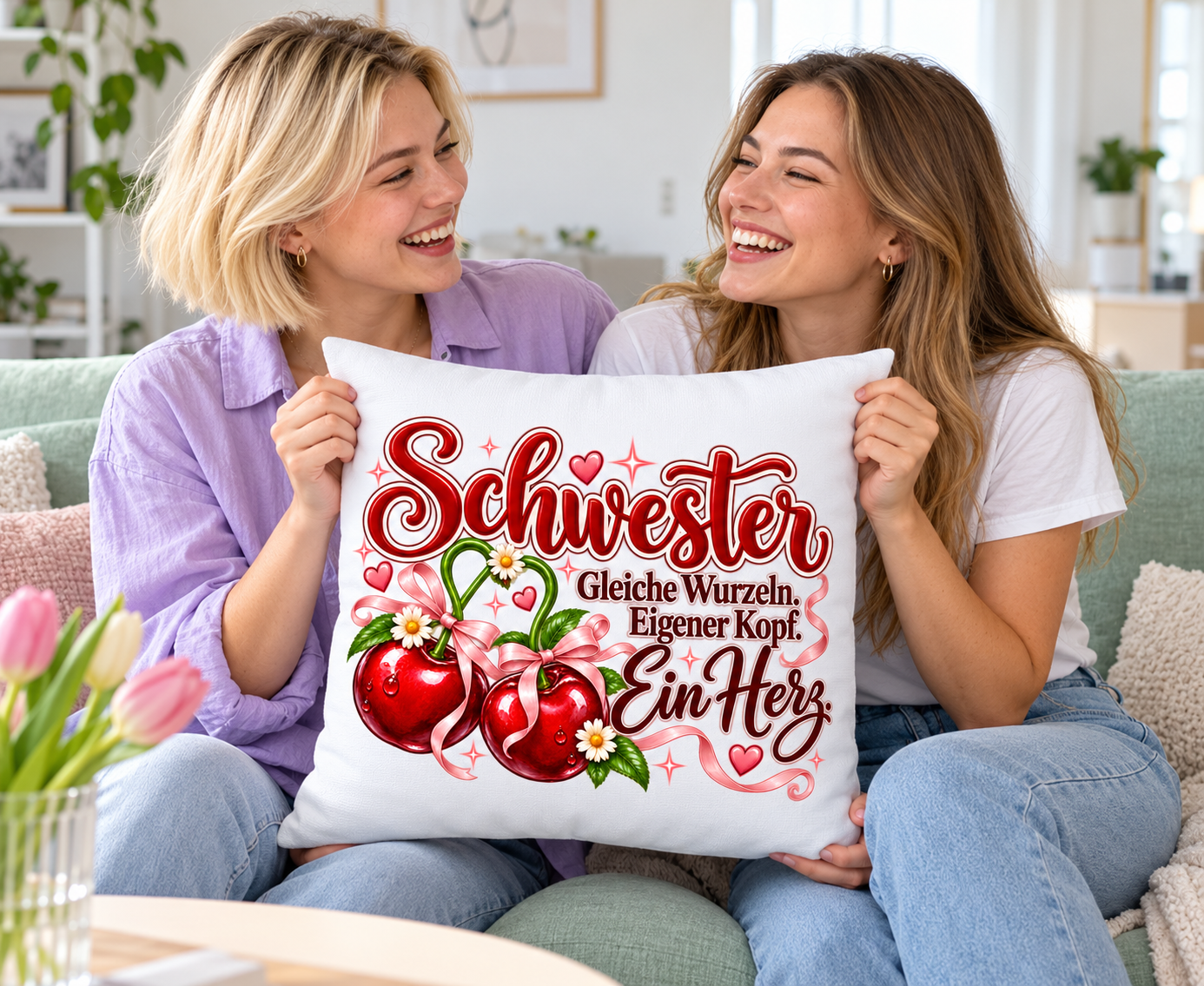 Zwei junge Schwestern freuen sich über das Kirsch-Kissen Ein Herz