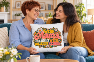 Tochter schenkt ihrer Mutter das bunte Retro-Kissen Wenn Mama es nicht weiß