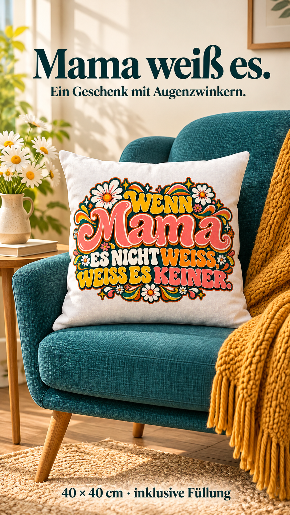 wenn-mama-es-nicht-weiss-story-02 Retro-Mama-Kissen auf einem petrolfarbenen Sessel – Geschenk mit Augenzwinkern, inklusive Füllung