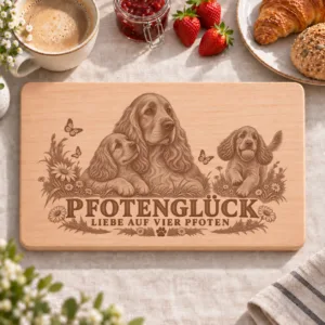 Frühstücksbrettchen – English Cocker Spaniel | Pfotenglück – Frühstücksbrettchen mit eingebrannter Lasergravur