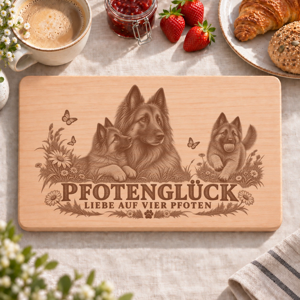Frühstücksbrettchen – Belgischer Schäferhund | Pfotenglück – realistische Lasergravur Frühstücksbrettchen – Belgischer Schäferhund | Pfotenglück – Frühstücksbrettchen mit eingebrannter Lasergravur