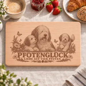 Frühstücksbrettchen – Altenglischer Schäferhund | Pfotenglück – Frühstücksbrettchen mit eingebrannter Lasergravur