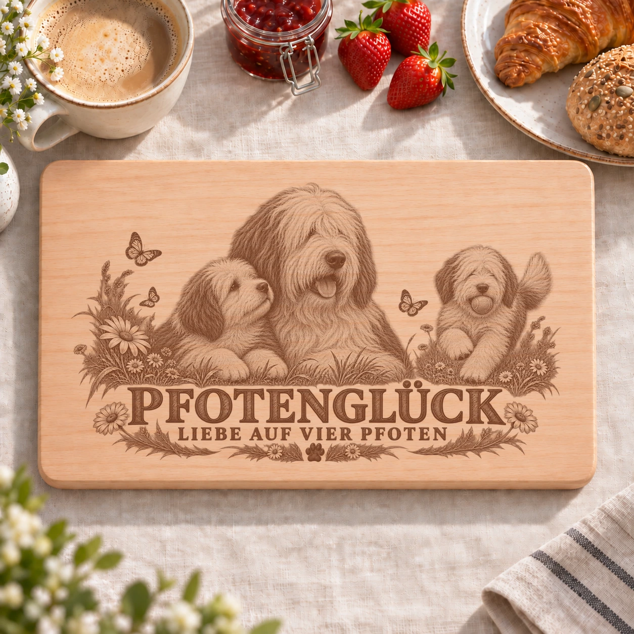Frühstücksbrettchen – Altenglischer Schäferhund | Pfotenglück – realistische Lasergravur Frühstücksbrettchen – Altenglischer Schäferhund | Pfotenglück – Frühstücksbrettchen mit eingebrannter Lasergravur