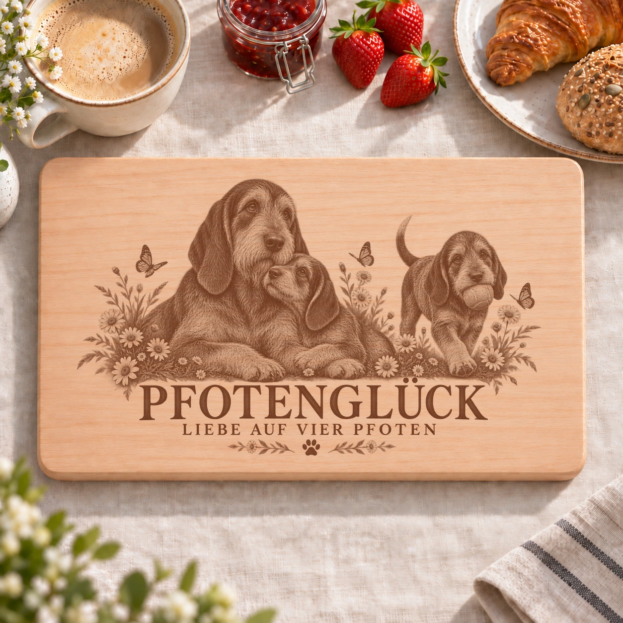 Frühstücksbrettchen – Blauer Griffon Der Gascogne | Pfotenglück – realistische Lasergravur Frühstücksbrettchen – Blauer Griffon Der Gascogne | Pfotenglück – Frühstücksbrettchen mit eingebrannter Lasergravur