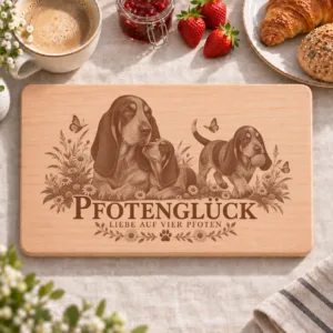 Frühstücksbrettchen – Blauer Basset Der Gascogne | Pfotenglück – Frühstücksbrettchen mit eingebrannter Lasergravur