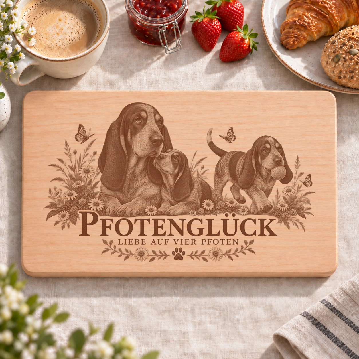 Frühstücksbrettchen – Blauer Basset Der Gascogne | Pfotenglück – realistische Lasergravur Frühstücksbrettchen – Blauer Basset Der Gascogne | Pfotenglück – Frühstücksbrettchen mit eingebrannter Lasergravur