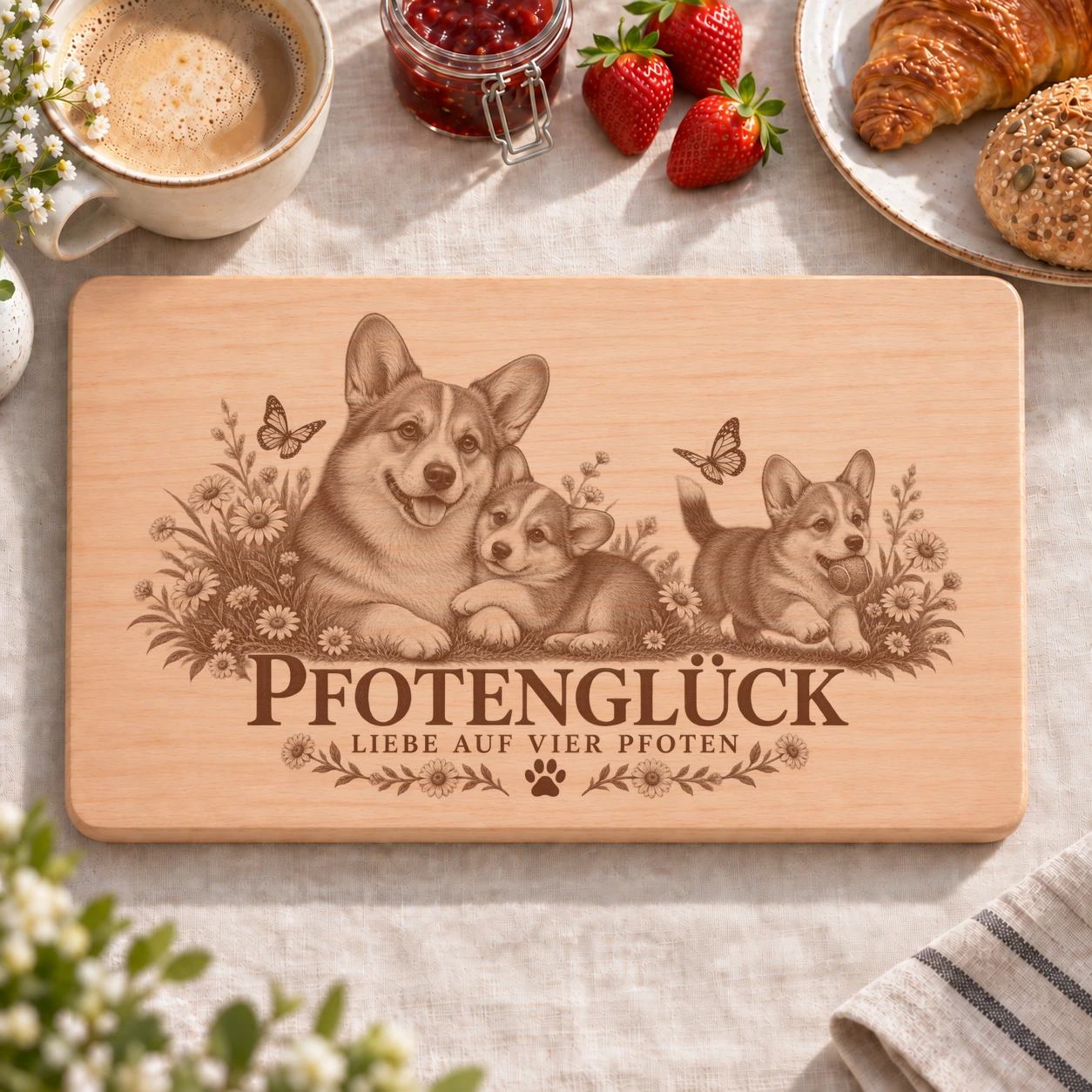 Frühstücksbrettchen – Welsh Corgi Pembroke | Pfotenglück – realistische Lasergravur Frühstücksbrettchen – Welsh Corgi Pembroke | Pfotenglück – Frühstücksbrettchen mit eingebrannter Lasergravur