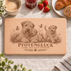 Frühstücksbrettchen – Irischer Soft Coated Wheaten Terrier | Pfotenglück – Frühstücksbrettchen mit eingebrannter Lasergravur