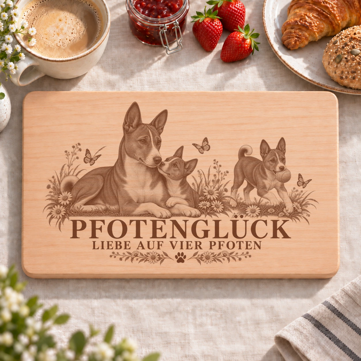 Frühstücksbrettchen – Basenji | Pfotenglück – realistische Lasergravur Frühstücksbrettchen – Basenji | Pfotenglück – Frühstücksbrettchen mit eingebrannter Lasergravur