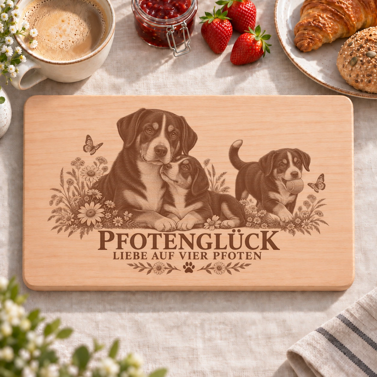 Frühstücksbrettchen – Entlebucher Sennenhund | Pfotenglück – realistische Lasergravur Frühstücksbrettchen – Entlebucher Sennenhund | Pfotenglück – Frühstücksbrettchen mit eingebrannter Lasergravur