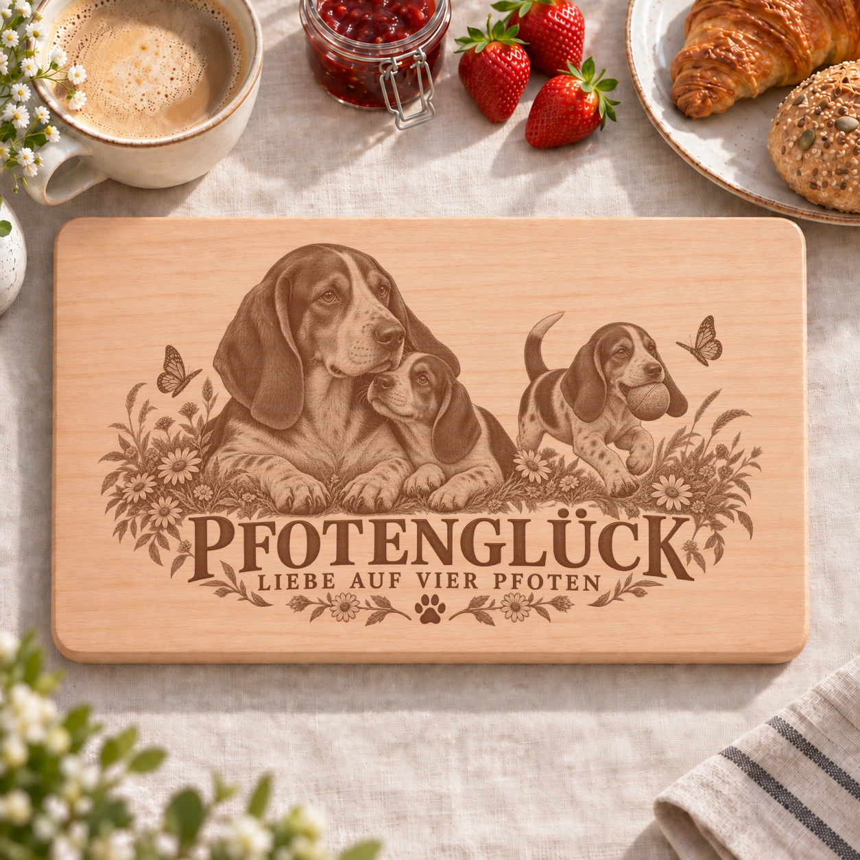 Frühstücksbrettchen – Schweizer Niederlaufhund | Pfotenglück – realistische Lasergravur Frühstücksbrettchen – Schweizer Niederlaufhund | Pfotenglück – Frühstücksbrettchen mit eingebrannter Lasergravur