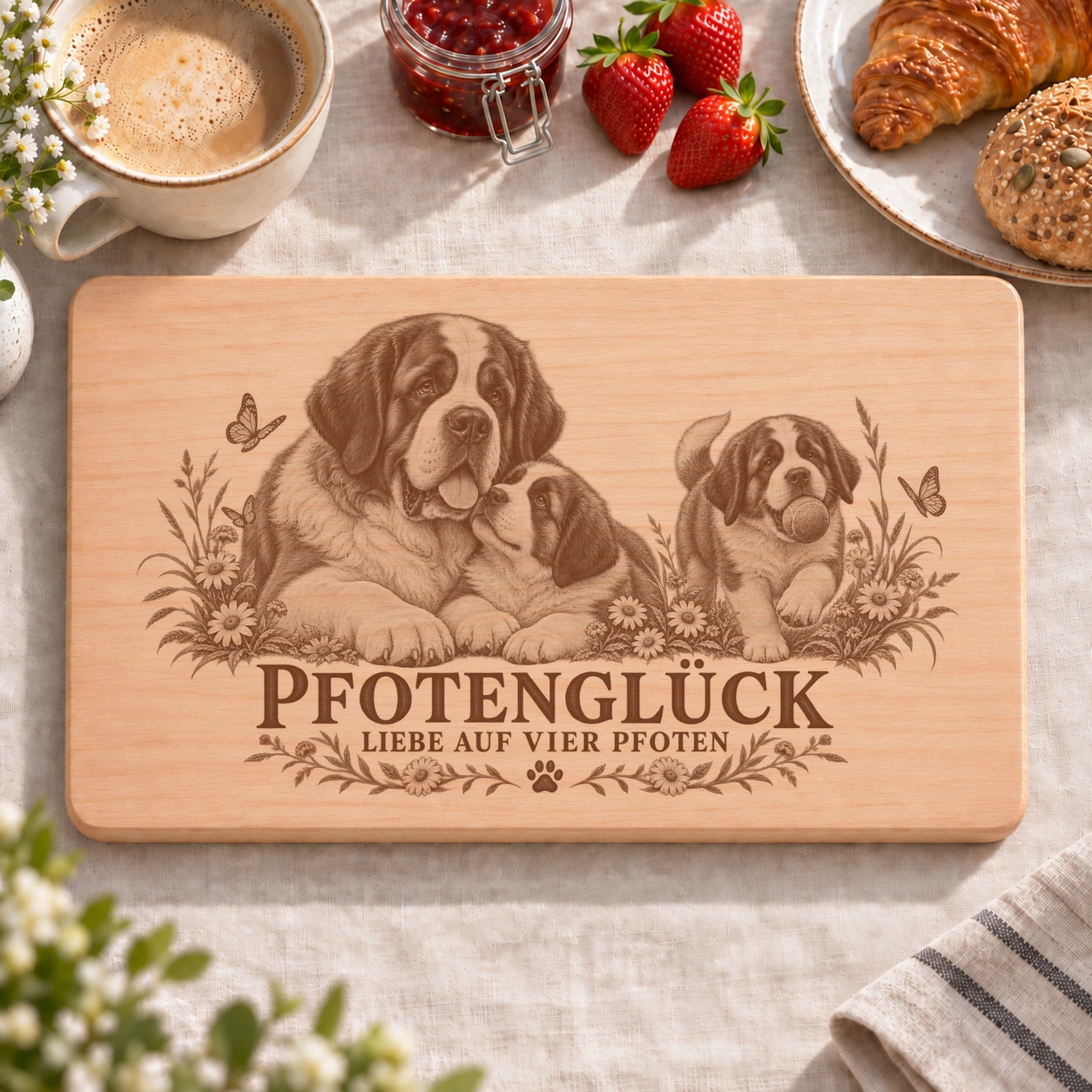 Frühstücksbrettchen – St Bernhardshund Bernhardiner | Pfotenglück – realistische Lasergravur Frühstücksbrettchen – St Bernhardshund Bernhardiner | Pfotenglück – Frühstücksbrettchen mit eingebrannter Lasergravur