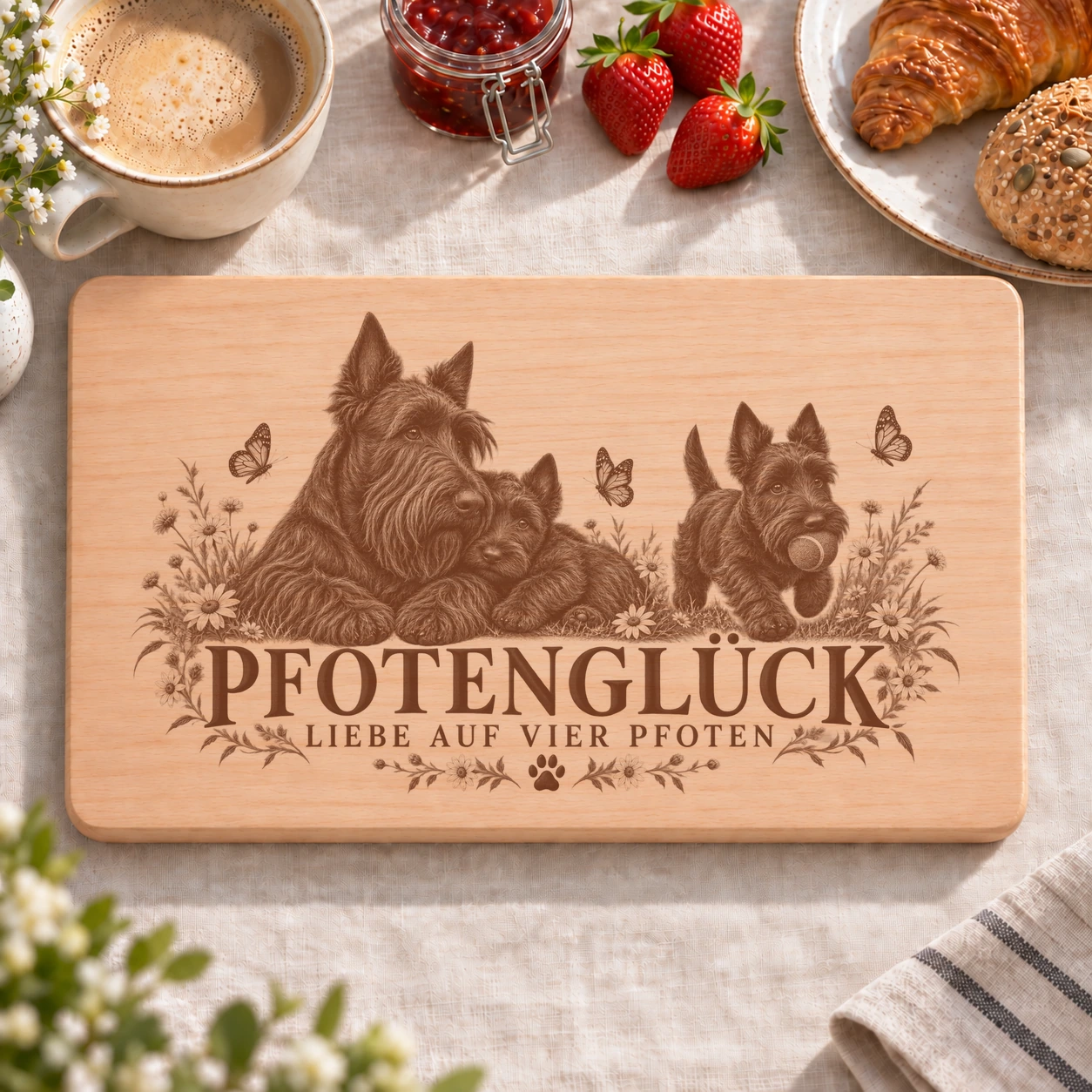 Frühstücksbrettchen – Schottischer Terrier | Pfotenglück – realistische Lasergravur Frühstücksbrettchen – Schottischer Terrier | Pfotenglück – Frühstücksbrettchen mit eingebrannter Lasergravur