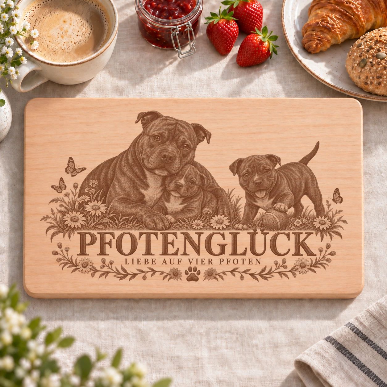 Frühstücksbrettchen – Staffordshire Bull Terrier | Pfotenglück – realistische Lasergravur Frühstücksbrettchen – Staffordshire Bull Terrier | Pfotenglück – Frühstücksbrettchen mit eingebrannter Lasergravur