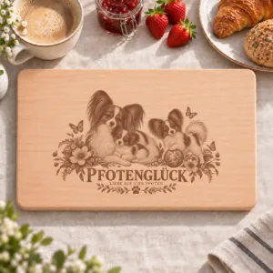Frühstücksbrettchen – Kontinentaler Zwergspaniel | Pfotenglück – Frühstücksbrettchen mit eingebrannter Lasergravur
