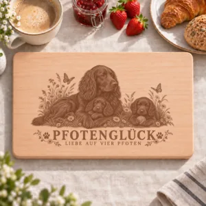Frühstücksbrettchen – Deutscher Wachtelhund | Pfotenglück – Frühstücksbrettchen mit eingebrannter Lasergravur