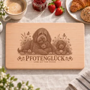 Frühstücksbrettchen – Franzosischer Wasserhund | Pfotenglück – Frühstücksbrettchen mit eingebrannter Lasergravur