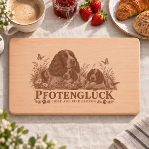 Frühstücksbrettchen – Blauer Picardie Spaniel | Pfotenglück – Frühstücksbrettchen mit eingebrannter Lasergravur