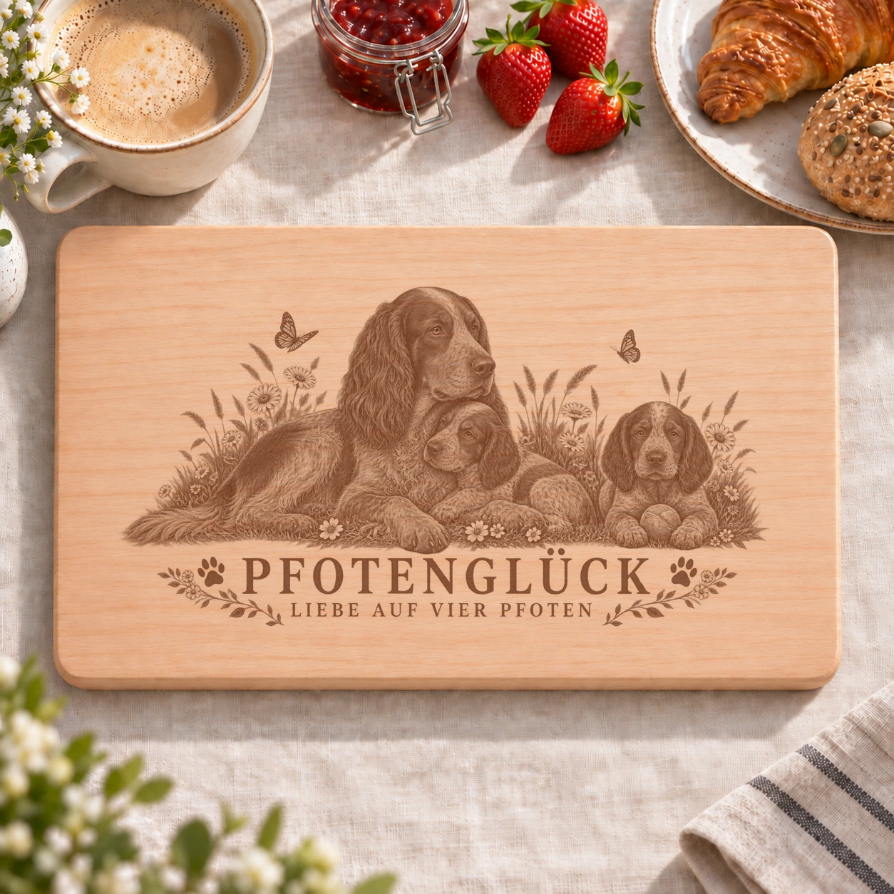 Frühstücksbrettchen – Picardie Spaniel | Pfotenglück – realistische Lasergravur Frühstücksbrettchen – Picardie Spaniel | Pfotenglück – Frühstücksbrettchen mit eingebrannter Lasergravur