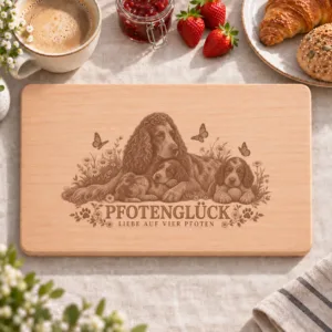 Frühstücksbrettchen – Pont Audemer Spaniel | Pfotenglück – Frühstücksbrettchen mit eingebrannter Lasergravur