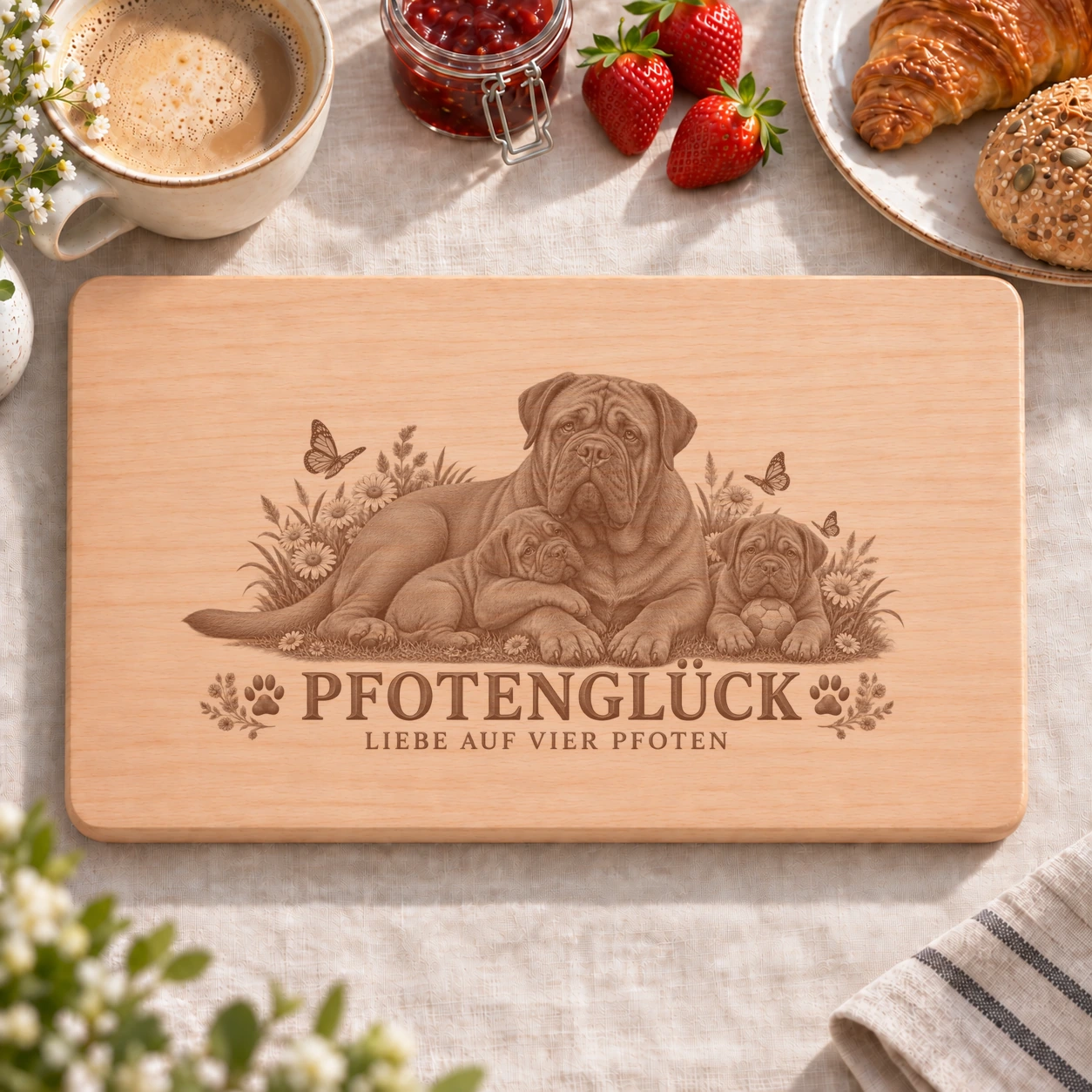 Frühstücksbrettchen – Bordeauxdogge | Pfotenglück – realistische Lasergravur Frühstücksbrettchen – Bordeauxdogge | Pfotenglück – Frühstücksbrettchen mit eingebrannter Lasergravur