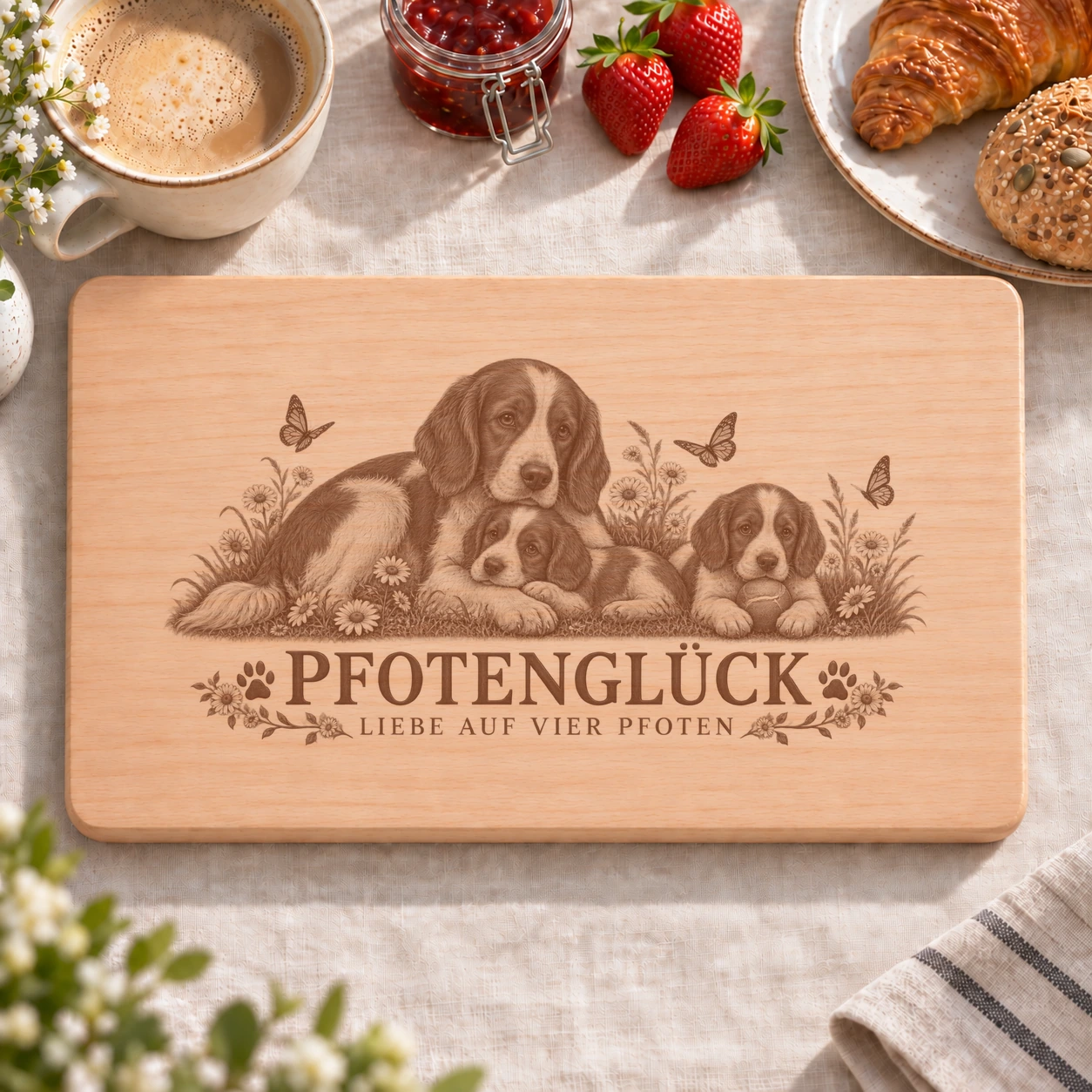 Frühstücksbrettchen – Welsh Springer Spaniel | Pfotenglück – realistische Lasergravur Frühstücksbrettchen – Welsh Springer Spaniel | Pfotenglück – Frühstücksbrettchen mit eingebrannter Lasergravur