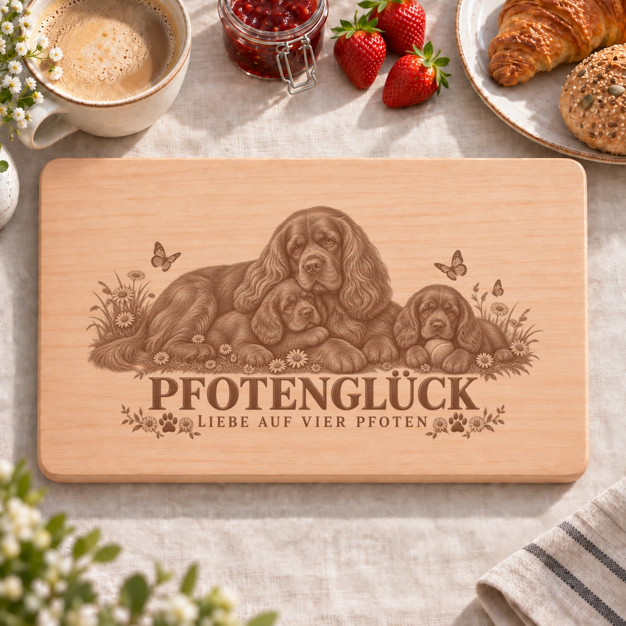 Frühstücksbrettchen – Sussex Spaniel | Pfotenglück – realistische Lasergravur Frühstücksbrettchen – Sussex Spaniel | Pfotenglück – Frühstücksbrettchen mit eingebrannter Lasergravur
