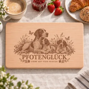 Frühstücksbrettchen – Franzosischer Vorstehhund Typus Pyrenaen | Pfotenglück – Frühstücksbrettchen mit eingebrannter Lasergravur