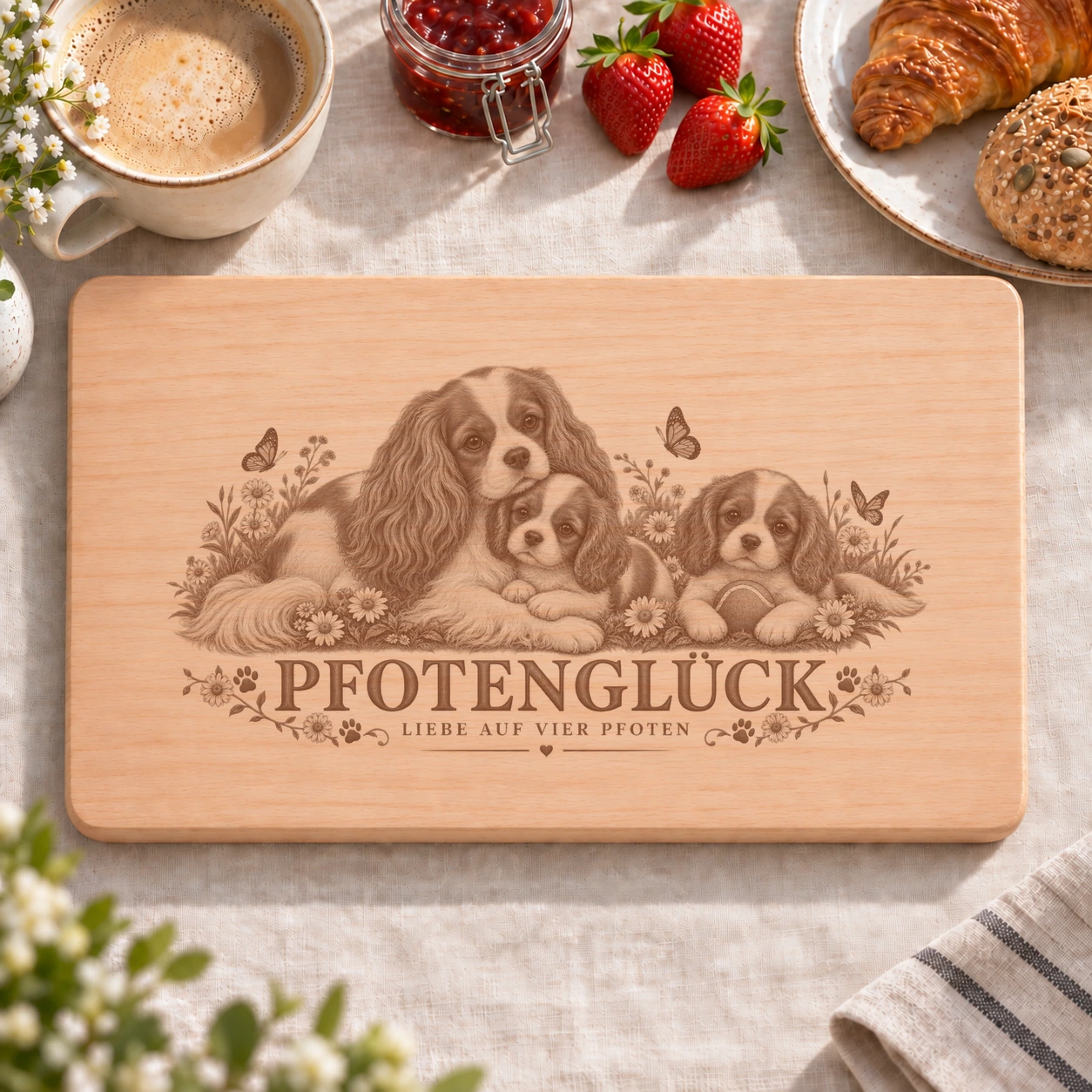 Frühstücksbrettchen – Cavalier King Charles Spaniel | Pfotenglück – realistische Lasergravur Frühstücksbrettchen – Cavalier King Charles Spaniel | Pfotenglück – Frühstücksbrettchen mit eingebrannter Lasergravur