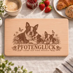 Frühstücksbrettchen – Boston Terrier | Pfotenglück – Frühstücksbrettchen mit eingebrannter Lasergravur
