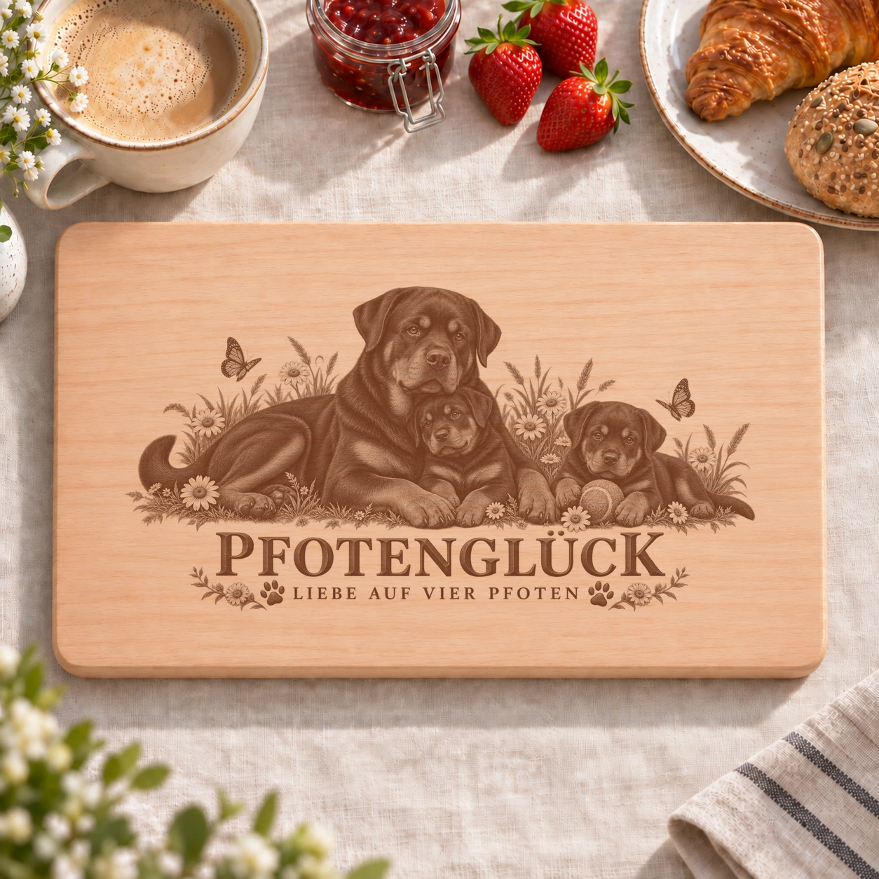 Frühstücksbrettchen – Rottweiler | Pfotenglück – realistische Lasergravur Frühstücksbrettchen – Rottweiler | Pfotenglück – Frühstücksbrettchen mit eingebrannter Lasergravur