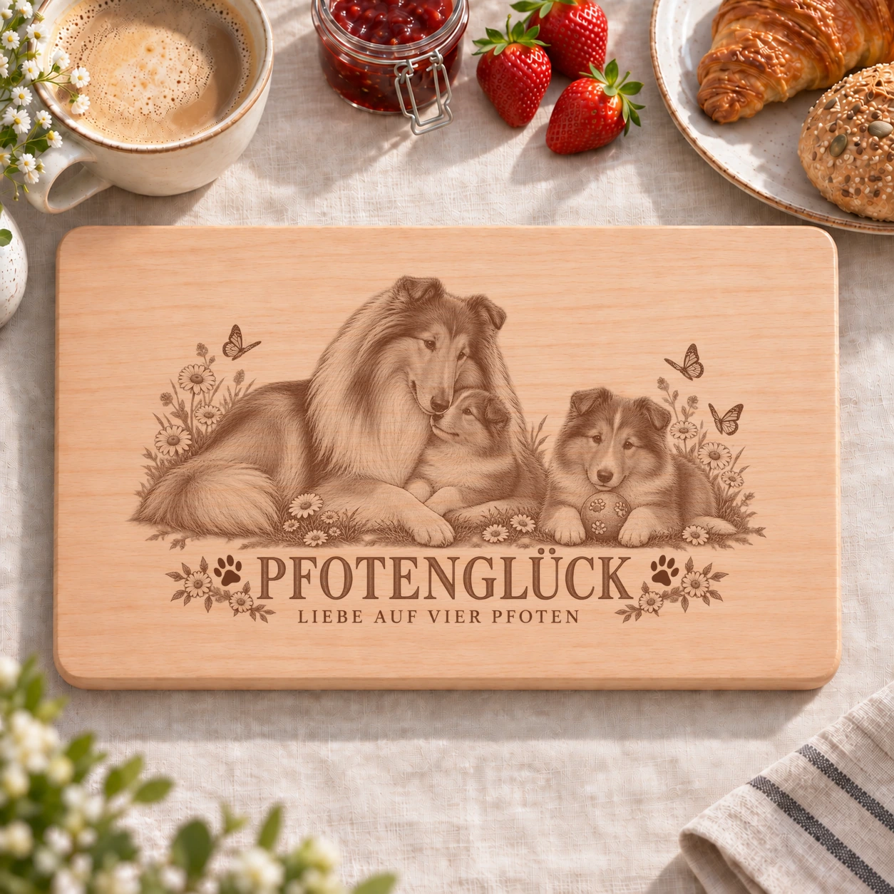Frühstücksbrettchen – Langhaariger Schottischer Schäferhund | Pfotenglück – realistische Lasergravur Frühstücksbrettchen – Langhaariger Schottischer Schäferhund | Pfotenglück – Frühstücksbrettchen mit eingebrannter Lasergravur